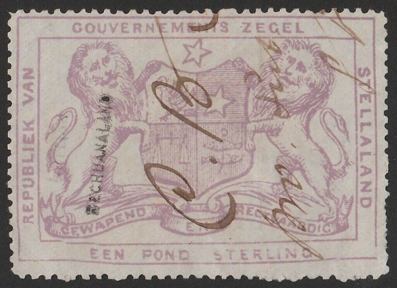 BECHUANALAND - STELLALAND 1887 'BECHUANALAND' on Arms Revenue £1. Extremely rare