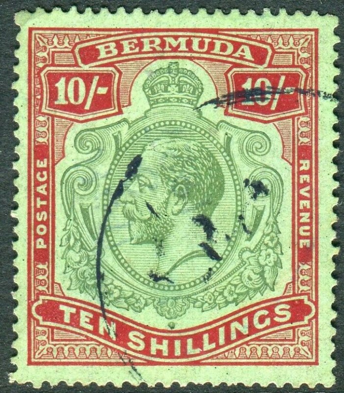 BERMUDA-1924 10/- Green & Red/Pale Emerald.  A good used example Sg 92