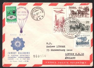 POLAND *BALLOON MAIL* Cover Poznań Aviation GB London Air Mail 1967 MA1476