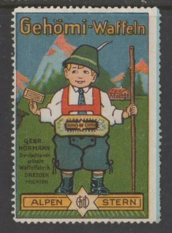 Germany- Gehömi Brand Waffles Advertising Stamp - Boy in Lederhosen - NG