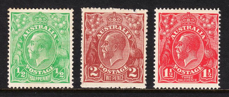 AUSTRALIA — SCOTT 19,29,65 (SG 20,78,84) — 1914-24 KGV ISSUES — MH — SCV $35.25