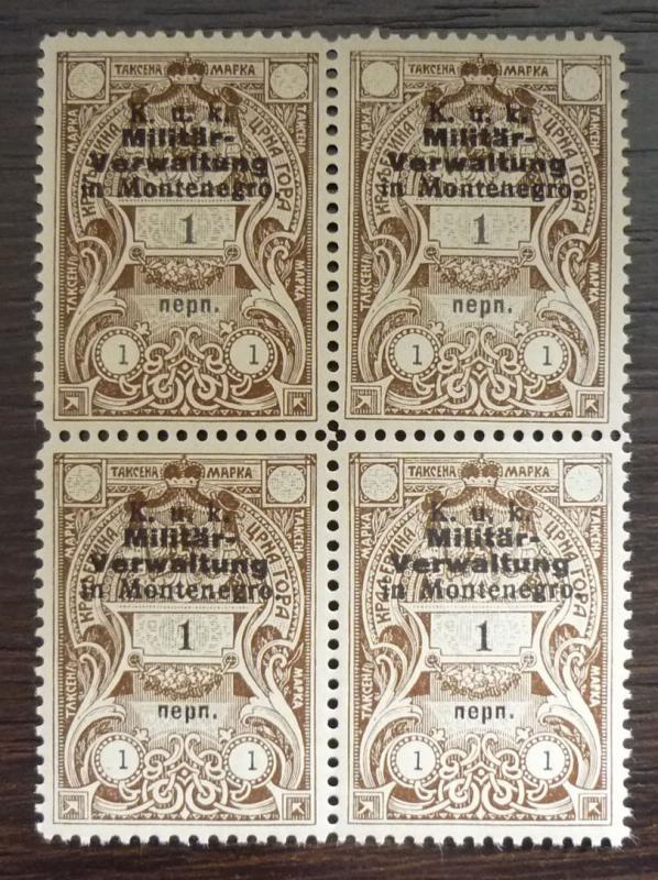 WWI MONTENEGRO - AUSTRIA - REVENUE STAMPS - BLOCK OF 4 R! yugoslavia J3