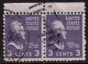 US Scott 807, 1938 Presidential 3c Pair Jefferson used