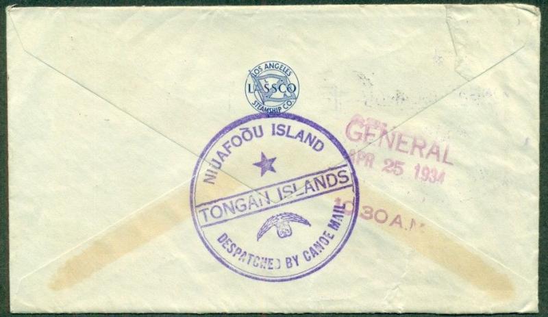 1934 TIN CAN MAIL COVER WITH 2-1/2d TIED IN TRANSIT IN HAWAII, PURPLE PAQUEBOT
