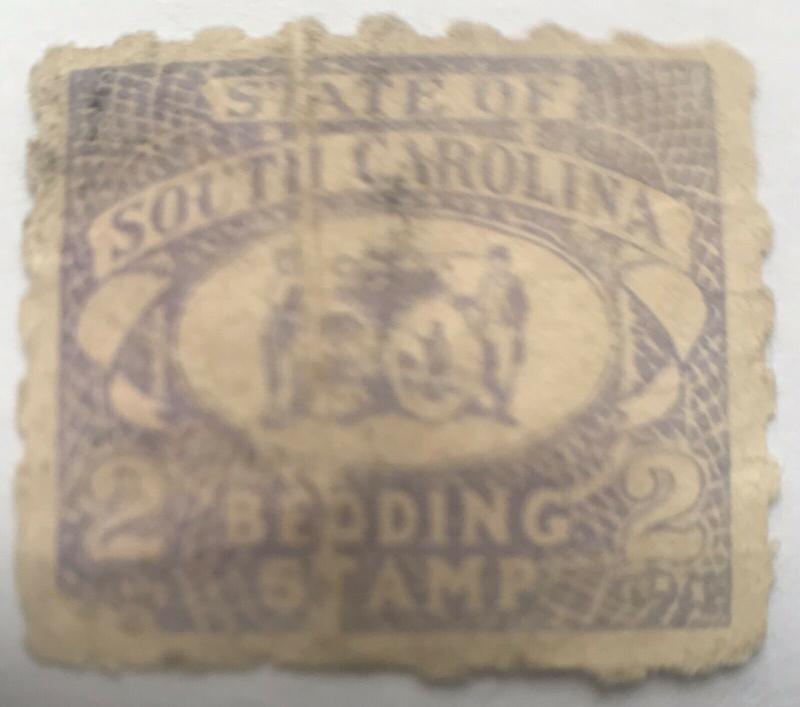 South Carolina SC Bedding Stamp 2 cents Used