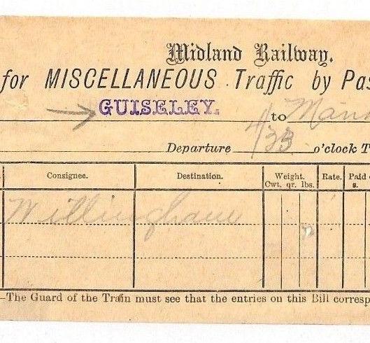 GB YORKS Midland Railway Fancy *GUISELEY* Station Way Bill NEW FIND 1892 BC177