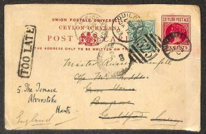 CEYLON TO ENGLAND H&G #37 STAMP TOO LATE AUXILARY MARKING & MIXED FRANKING 1902