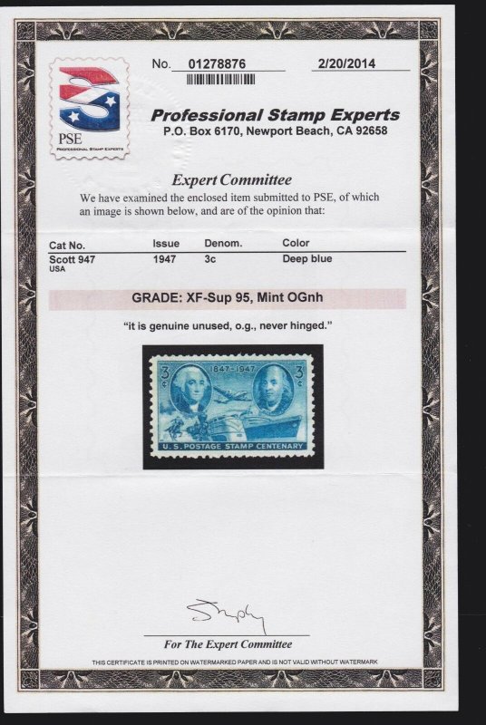 US 947 3c Postage Stamp Centenary w/PSE Cert 95 XF-S OG NH SMQ $25