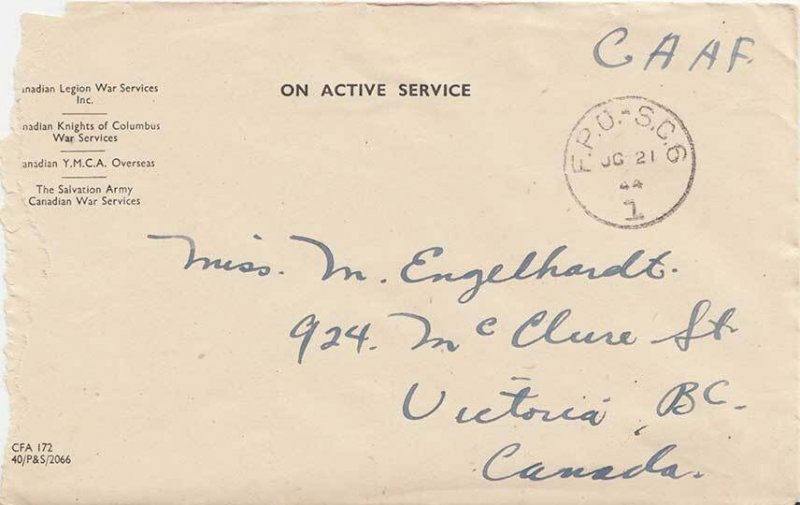Canada Soldier's Free Mail 1944 F.P.O.-S.C. 6 Canadian Reinforcement Units, B...