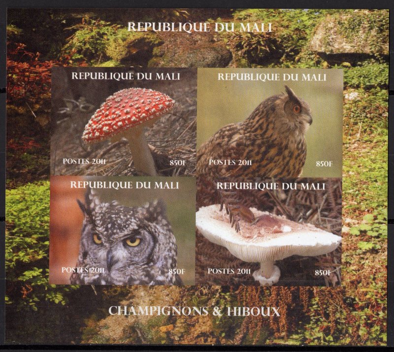 Mali 2011 OWLS AND MUSHROOMS Sheetlet (4) IMPERFORATED  MNH