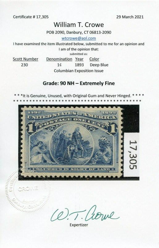 US SCOTT #230 MINT-XF-OG-NH GRADED 90 W/ CROWE CERT SMQ $100 (4/11/21 GP)