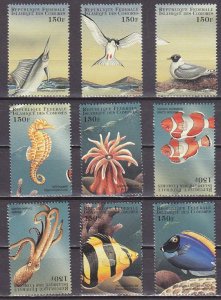 Comoros. Scott cat. 828 a-i. Sea Birds and Marine Life values from sheet. ^