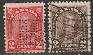 Canada 1930 Sc 165-6 perfin SUN/LIFE (Sun Life Assurance) used