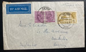 1934 Akyab SOR Burma Airmail cover To Surrey England