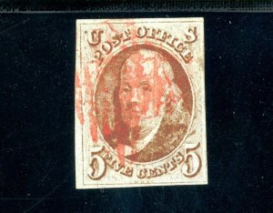 USAstamps Used FVF US 1847 Franklin 1st Stamp Sct 1 Beauty With Red Grid Cancel