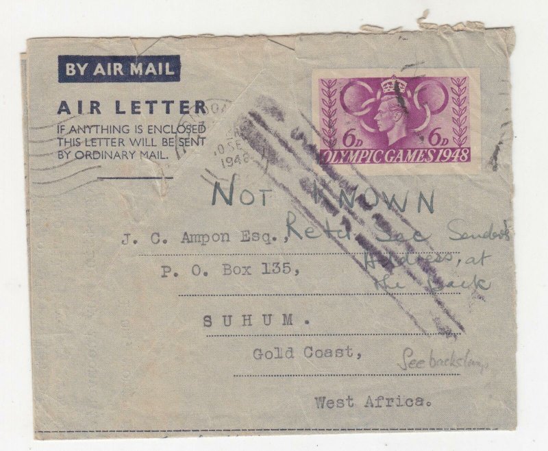 GOLD COAST, 1948 inwards GB 6d. Airletter to SUHUM, UNKNOWN handstamp, returned