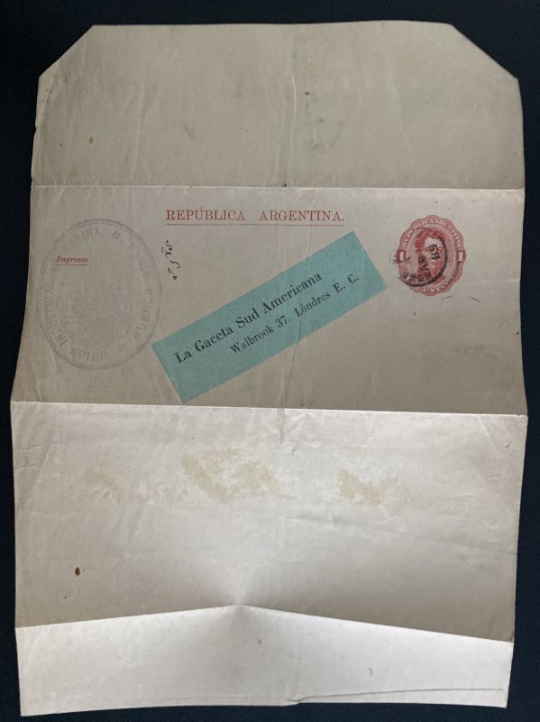1889 Buenos Aires Argentina Stationery Wrapper Cover To London England