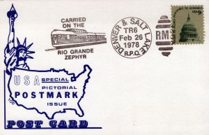 US POSTAL CARD SPECIAL PICTORIAL POSTMARK CARRIED ON THE RIO GRANDE ZEPHYR TRAIN