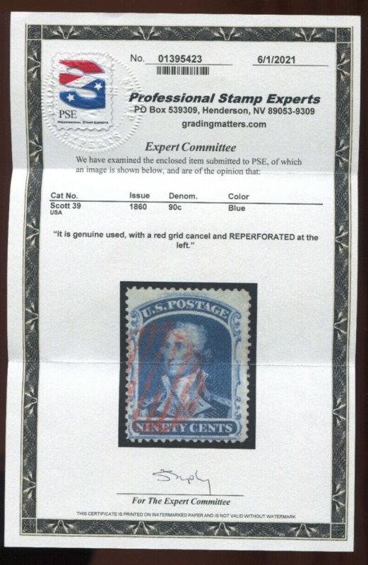 39 Washington Used Stamp with PSE Cert  HZ34