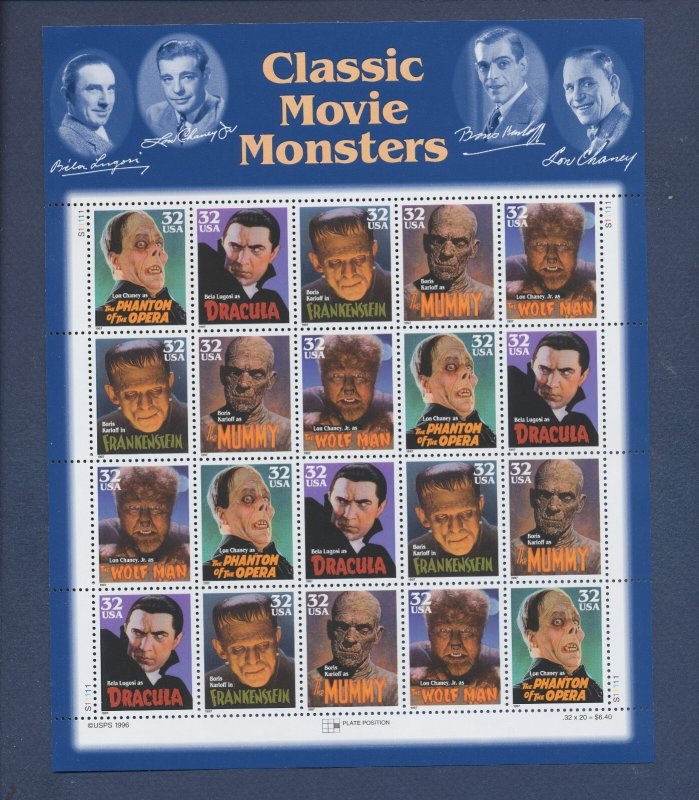 USA - Scott 3168-3172 - MNH sheet 20 - 32ct - Classic Movie Monsters - 1997