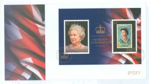 Jersey 1681c 2013 60th Anniversary Of Queen Elizabeth II's Coronation, souvenir sheet of two stamps on cacheted, unaddre...