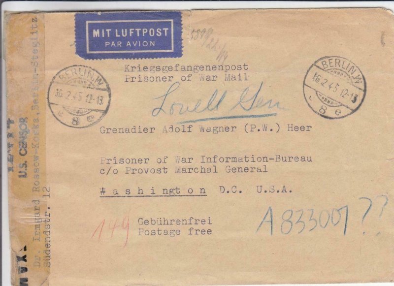 1945, Berlin, Germany to German POW, Washington, DC, Dual Censored (C3182)