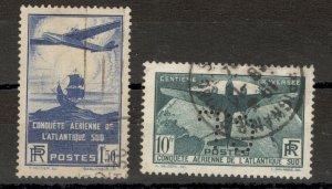 FRANCE - USED SET - AIRMAIL - PLANE - PERFIN, PERFINS ON STAMP 10Fr - 1936.