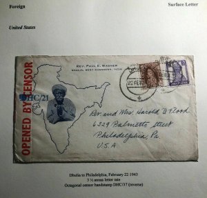 1943 Dhulia Indian Censored Missionary Rev Wagner Cover To Philadelphia Pa USA