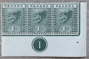 Pahang 1891 1c Tiger in MNH plate margin strip of 3. Scott 11.  SG 11