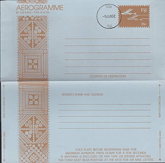 FIJI Flying Fish 25c pictorial aerogramme - Suva cds 1992...................K154