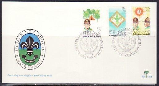 Suriname, Scott cat. B208-B210. 50th Scout Anniversary issue. First day cover. *