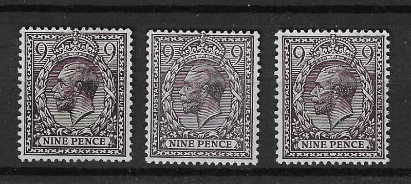 GREAT BRITAIN -  GEORGE V 1913 Three shades mounted mint, 9d agate - 37722