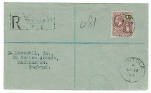 British Virgin Islands 1924 Road Town cancel on registered cover to England