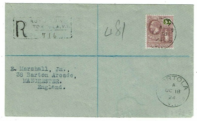 British Virgin Islands 1924 Road Town cancel on registered cover to England