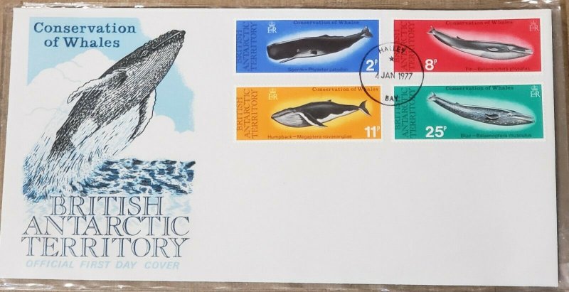 BRITISH ANTARCTIC TERRITORY (BAT) Sc 64-67 issue of 1977 WHALES First Day Cover