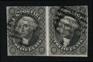 GENUINE SCOTT #17 F-VF USED 1851 GRAY BLACK PAIR WITH TWO GRID IN CIRCLE CANCELS