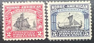 Scott#: 620-621 - Norse-American Issue 2¢ & 5¢ 1925 BEP single stamps MHOG - K4