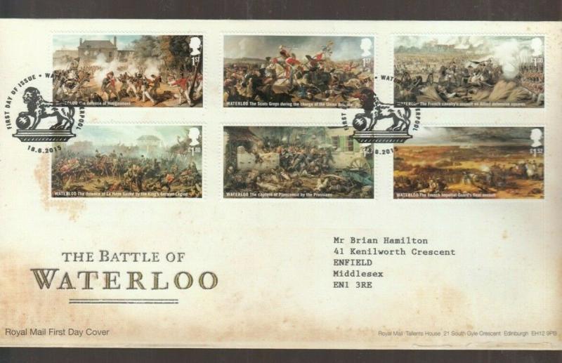 2015 BATTLE OF WATERLOO FDC. DECORATIVE WATERLOO, LIVERPOOL CANCEL 