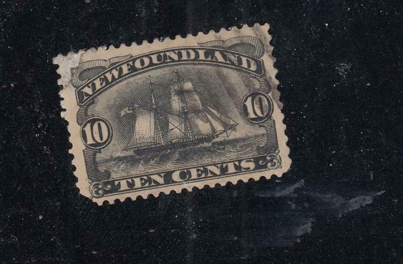 NEWFOUNDLAND # 59  F-USED  10cts  SCHOONER /1894 /BLACK  CAT VALUE $40