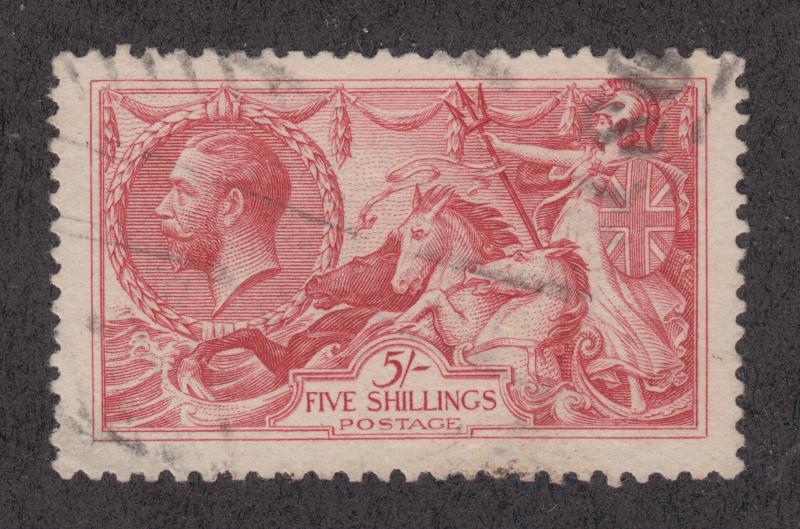 Great Britain Sc 180 used 1918 5sh carmine rose KGV & Seahorses, VF