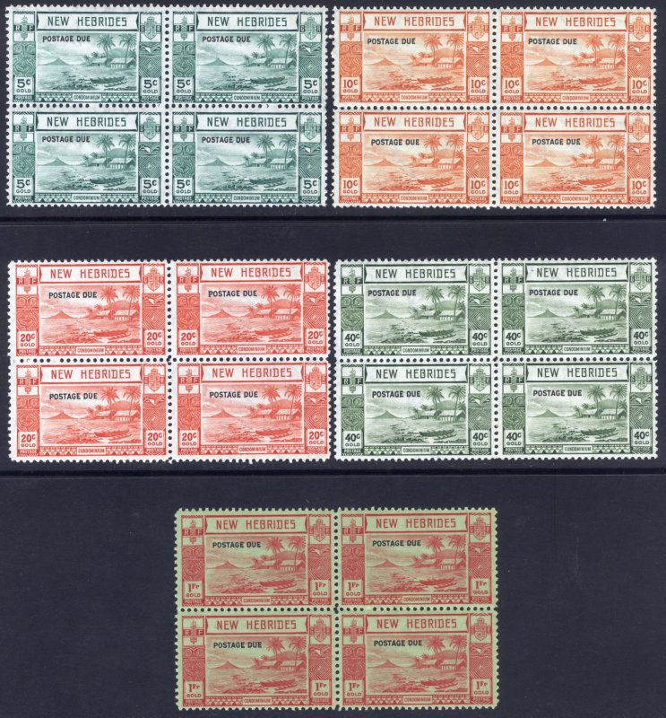 New Hebrides 1938 5c-1fr POST DUE BLOCKS x4 Scott J6-J10 SG D6-D10 MNH Cat $500