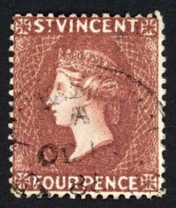 St Vincent SG50 4d Red-brown Wmk Crown CA Fine used Cat 22 Pounds