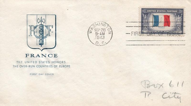 1943 Washington DC Honoring Occupied Nations France First Day Cover