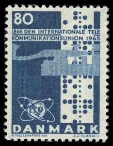 DENMARK Sc 420 VF/MNH - 1965 80o -  ITU Emblem, Telegraph Key, Teletype Paper