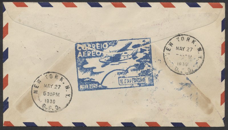 1939 PanAm FAM 18 May 26 Flight Cover Crosby Photo Cachet Lisbon to New York