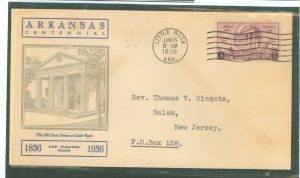 US 782 1936 3c Arkansas Statehood Centennial on an addressed first day cover with a Linprint cachet.