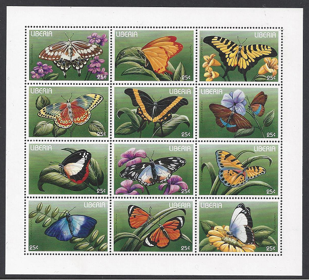Liberia #1208a-f mint sheet of 12, butterflies issued 1996