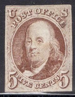 US Stamp #1 Red Brown USED SCV $350. Great appearance.