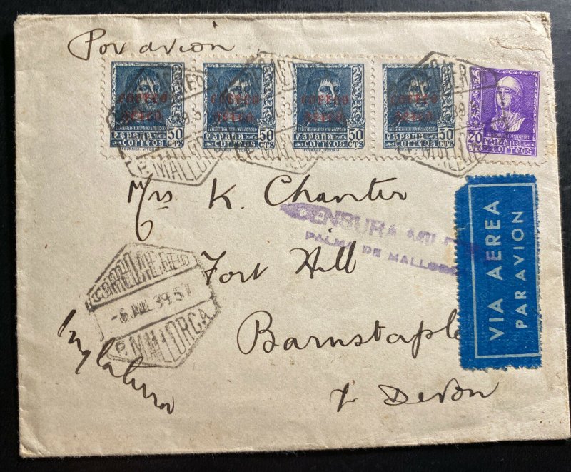 1939 Mallorca Spain Airmail Censored Cover To Barnstaple England