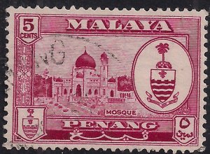 Penang Malaya 1960 QE2 5ct Carmine lake used SG 58 ( M1228 )